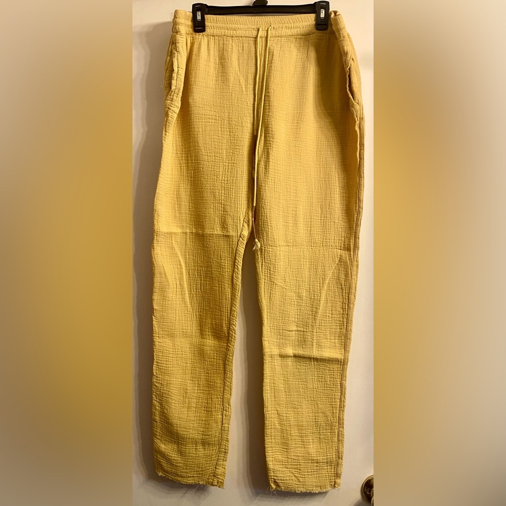 Lola River Anthropologie Gauze Pants Medium Yellow Cotton Textured Raw Hem Ankle